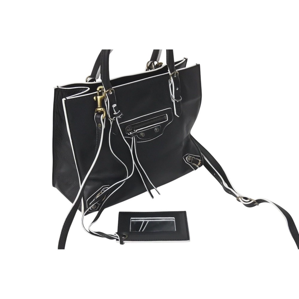 BALENCIAGA Paper Handbag Black White Leather Shoulder Strap - Picture 4 of 10